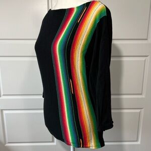 Striped Serape Knit Top Colorful Accent 3/4 Sleeve Boat Neck Pullover‎